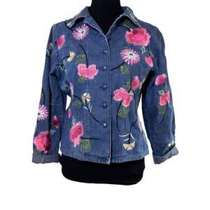 Ann Trinity Floral Embroidered Jacket‎ Size SMALL Linen Cotton Button Art Boho